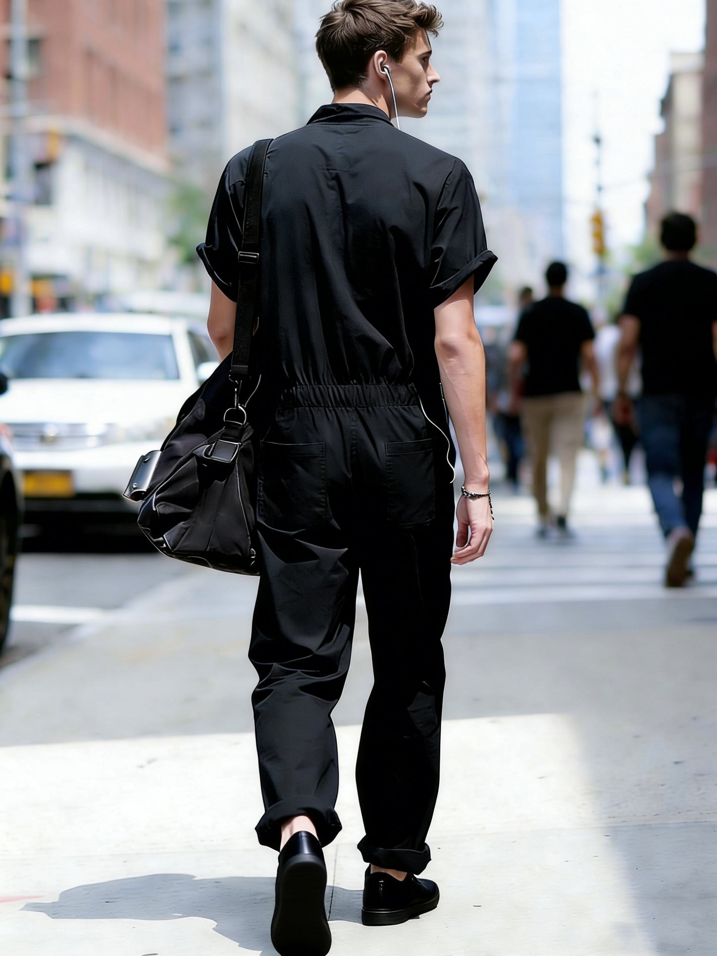 Men's Plus Size Short Sleeve Coverall Jumpsuit, Four-Way Stretch Fabric, Rolled Short Sleeves, Stand-Up Collar Half-Open Placket, Multi-Pocket Design, Industrial/Utility Style Casual Workwear, Effortlessly Shaping a Men's Casual and Trendy Look