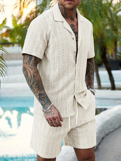 2pcs/Set Men's Solid Color Button- Hollow Shirt And Shorts Set, Vacation Solid Color Husband Casual Wear, Suitable for Vacation, Seaside Beach, Daily Leisure, Summer Wear Men Vacation Outfits Men 2pcs Outfits Summer, Cozy Outfits