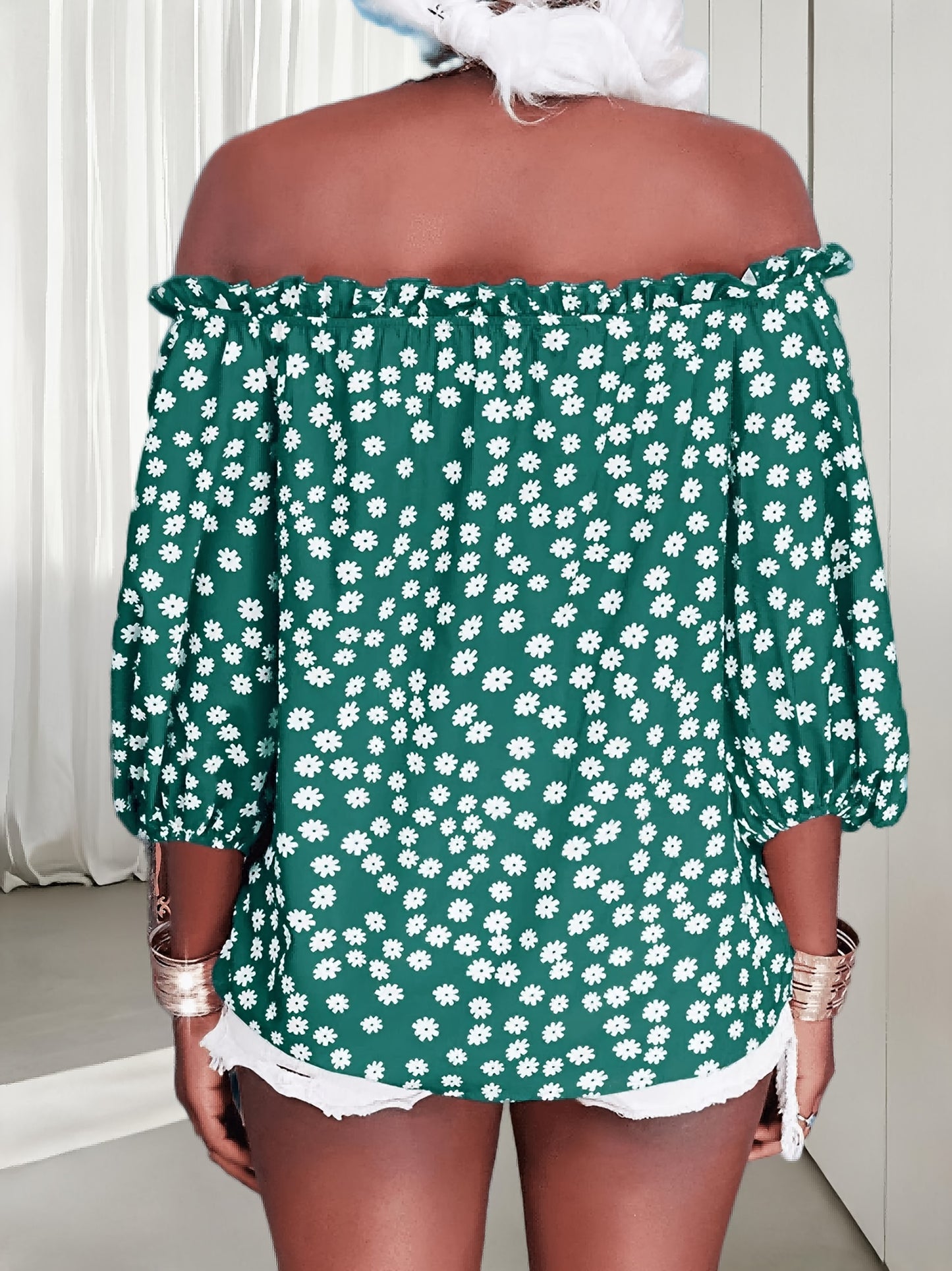 Womens Summer Off Shoulder Blouse Floral Print 3/4 Sleeve Casual Chiffon Tops Shirts