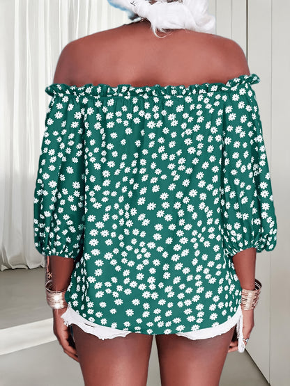 Womens Summer Off Shoulder Blouse Floral Print 3/4 Sleeve Casual Chiffon Tops Shirts