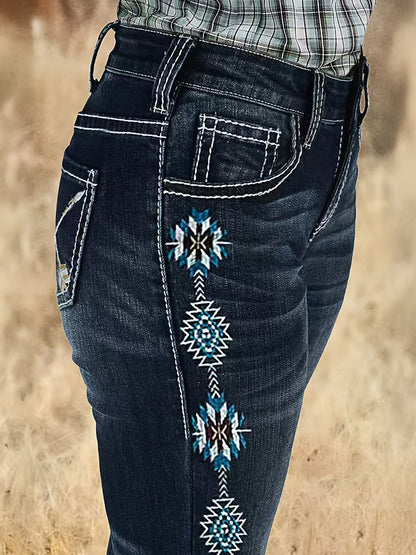 Women's Stretch Denim Flare Jeans - Mid-Rise Bell Bottoms with Floral & Geometric Embroidery, Machine Washable Blue Washed Fabric, Comfort Fit for Casual All-Season Wear, Relaxed Outfit, Breathable Fabric, Embroidered Pants, Adults