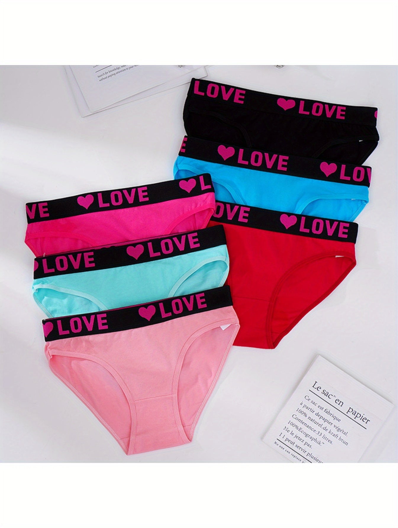 6pcs Seamless Women'S Underwear, Simple Letter Love Pattern, Comfortable Stretch Fabric Lingerie in Red, Black, Blue, Pink, Green, Beige