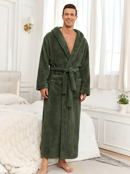 Men'S Thickened Flannel Hooded Bathrobe - Soft Plush Long Sleeve Robe with Pockets, Warm & Breathable Winterrobe for Home, Spa