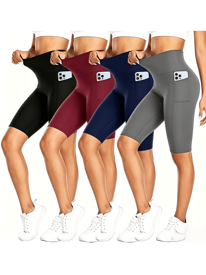 4pcs Women's High-Waisted Yoga Shorts with Pockets, Stretchy Fitness Running Cycling Workout Shorts with Tummy Control