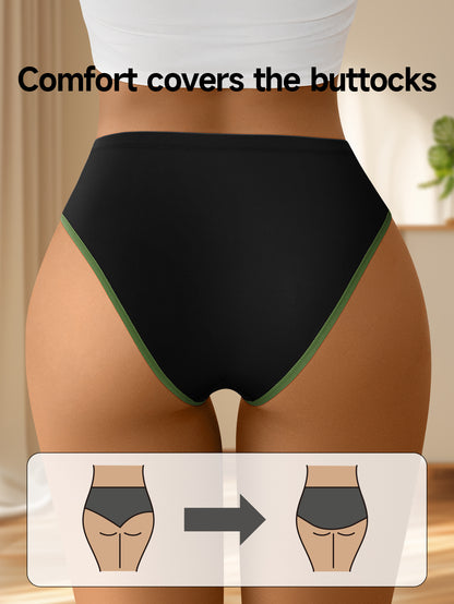 5pcs Women'S Colorblock Sliky Fiber Fabric Briefs - Breathable, High-Elasticity, No-Show Underwear, Comfort Fit, Mid-Rise, Letter Pattern, Black & Neon Green, Sexy Briefs | Midrise Underwear | Smooth Texture