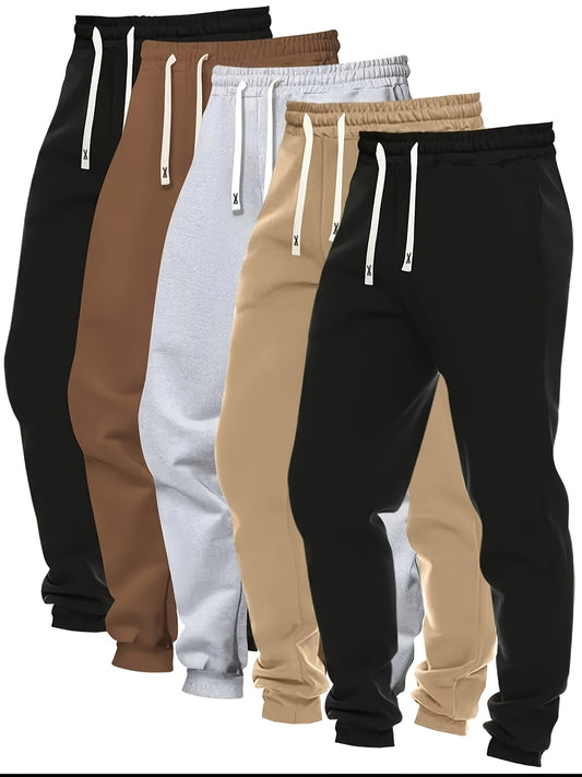5pcs Men's Casual Sweatpants, Polyester Knit Fabric, Cotton Solid Color, Regular Fit with Pockets, Elastic Waist Drawstring Joggers Ideal Gift, Loose Waist, Spring Clothes, Summer Clothes, Valentine's Day Gifts, Easter Gifts, Discounted