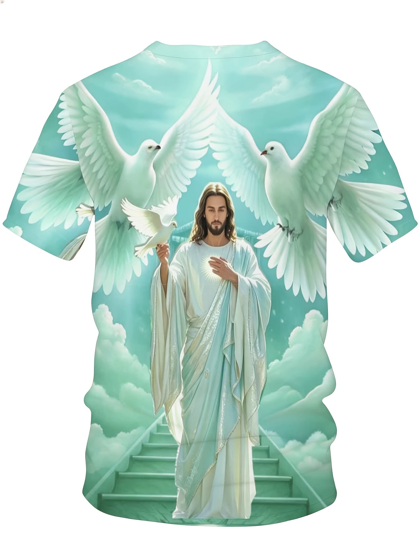 Jesus Christ With Doves And Heavenly Stairs Religious Christian T-Shirt For Men Full Print Design Faith Inspired Apparel, Plus Size