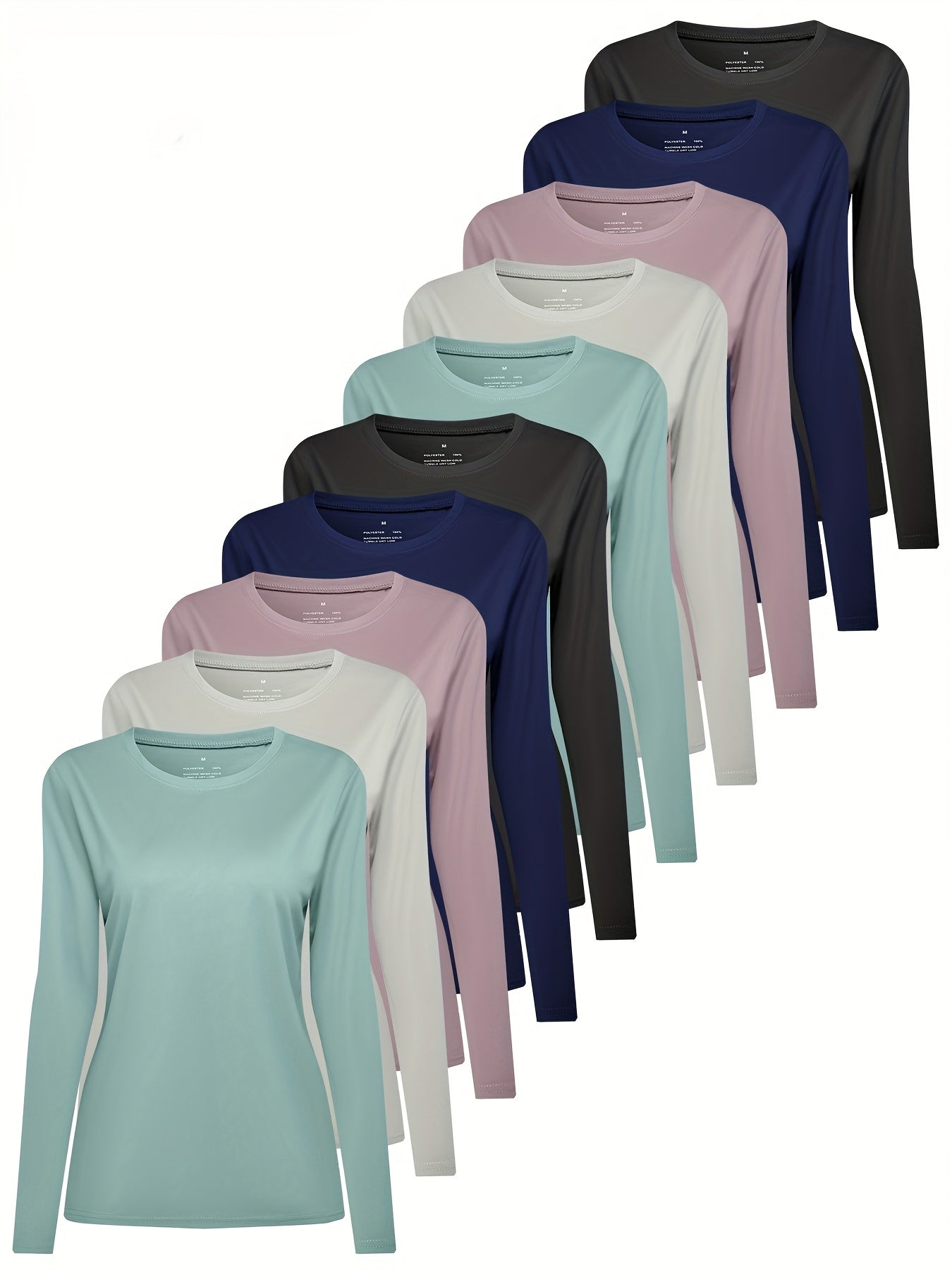 10pcs Set Women'S Casual Sports Long-Sleeve T-Shirts | Soft and Comfortable, Crew Neck, Slight Stretch Fabric, Solid Color, Suitable for All Seasons
