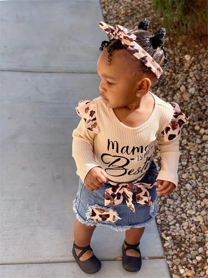 Kukitty 4pcs Set for Baby Girls Featuring Long Sleeve Bodysuit with Letter Design And Ripped Leopard Print Denim Skirt, for Outdoor