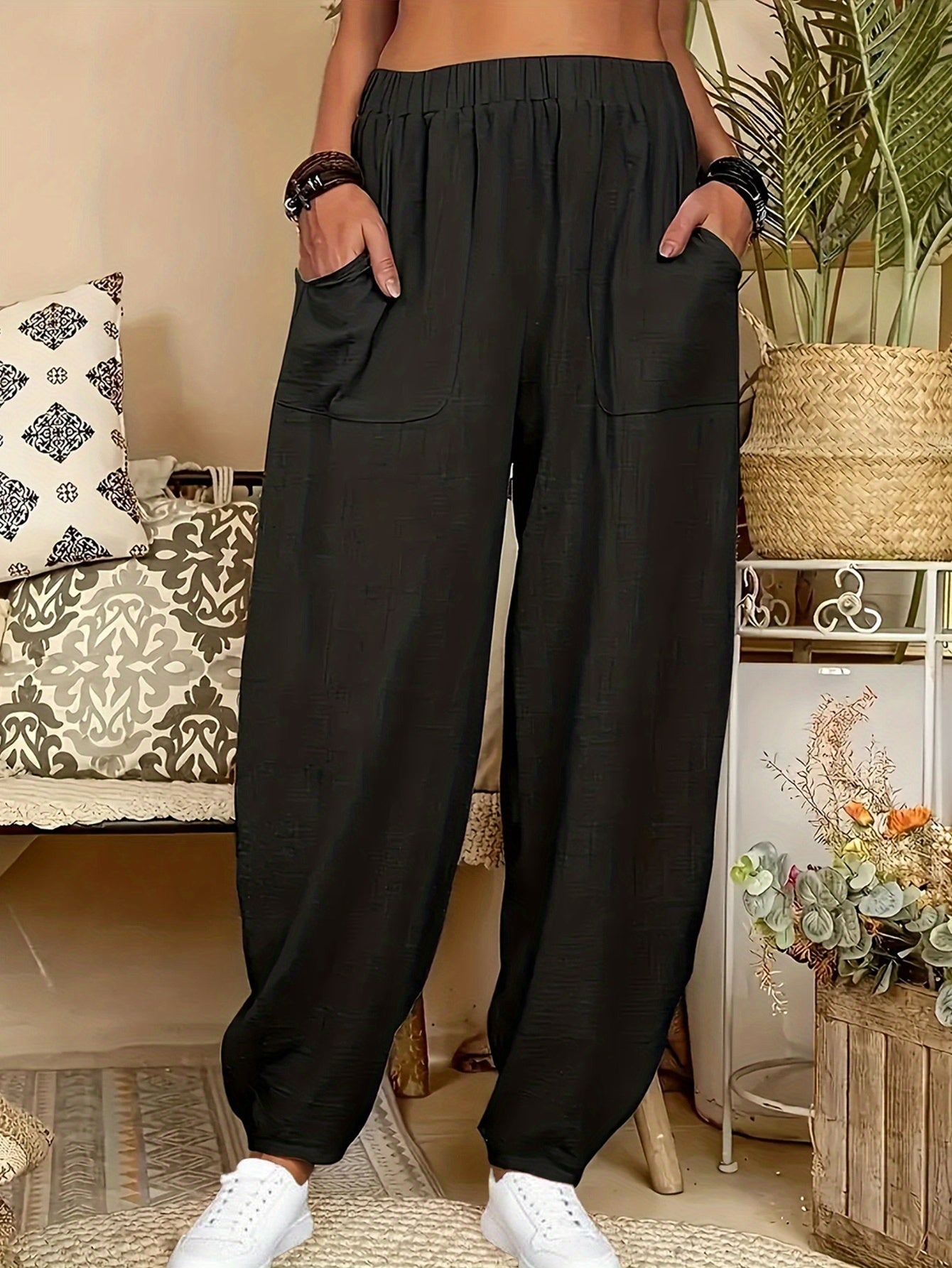 4pcs Women'S Casual Lightweight Harem Pants with Elastic Waist And Side Pockets - Breathable, Loose Fit, All-Season Wear, Black/Green/Brick Red/Khaki Solid Color, Machine Washable