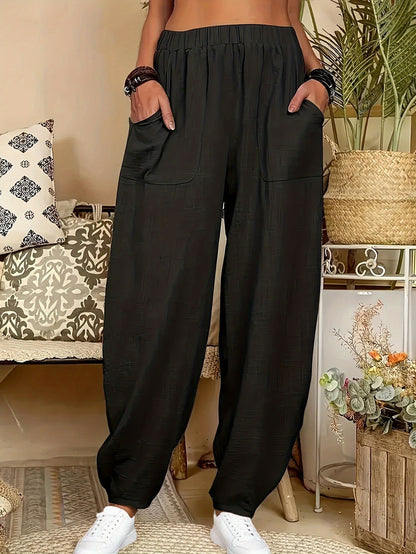 4pcs Women'S Casual Lightweight Harem Pants with Elastic Waist And Side Pockets - Breathable, Loose Fit, All-Season Wear, Black/Green/Brick Red/Khaki Solid Color, Machine Washable