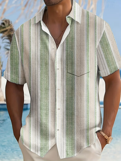 1pc Men'S Casual Striped Short Sleeve Shirt - Polyester 95%, Spandex 5% Blend, Summer Lapel Collar, Woven Fabric, Regular Fit with Button Details, Plus Size