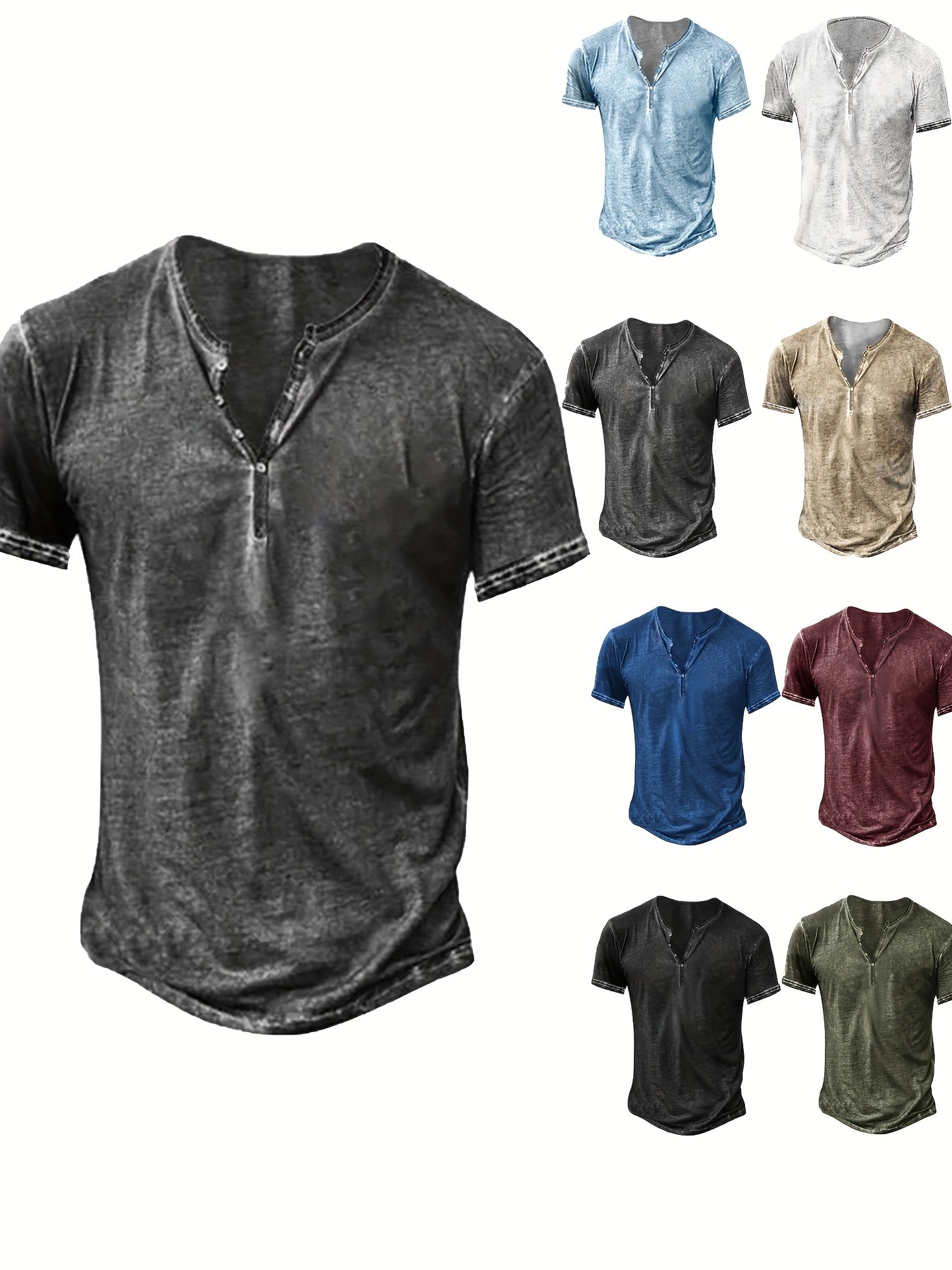 Mens Distressed Henley Shirts Short Sleeve Button T-Shirt Slim Fit Cotton Casual Shirt