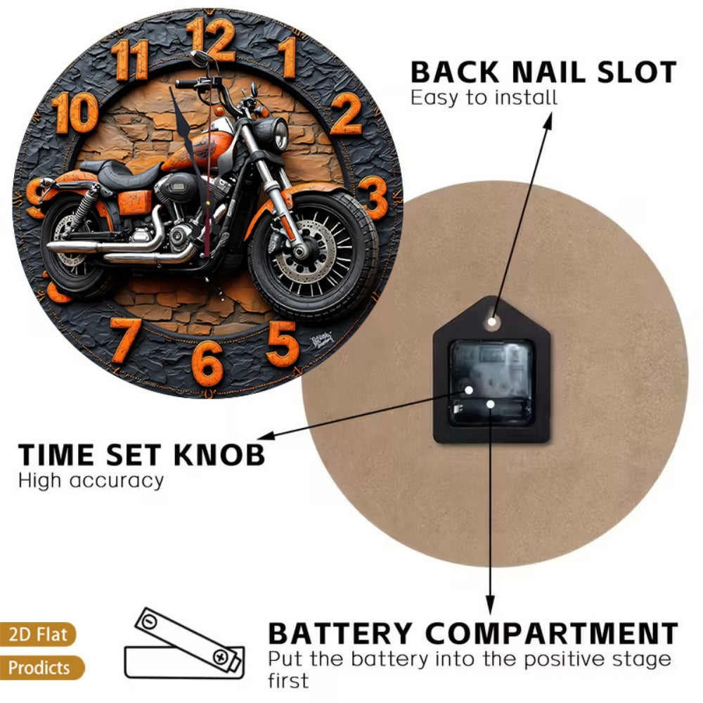 Motorcycle Wood Wall Clock - Silent Non-Ticking 12-Inch Design