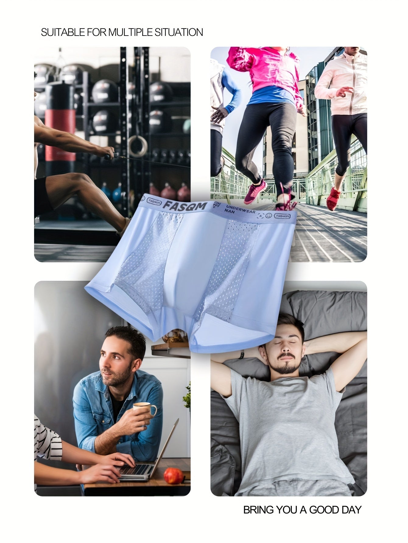 4 Pcs Men's Fashionable, Comfortable, Sexy, Breathable Mesh High Elasticity Patchwork Four Corner Underwear Is A Great Gift Item