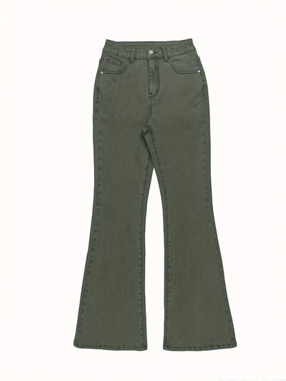 GILIPUR MH1025 Light Blue Retro High-Waist Stretch Straight Leg Women's Pants, Street Style Solid Color Long Pants with Pockets, All-Season Comfortable Stretch Fabric, Machine Washable