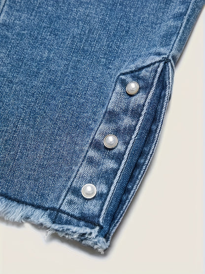 Ladies' High Waisted Washed Distressed Visual Lifting Buttocks Slim Fit Pants with Edge Hair, Pearl Diamond Single Breasted Jeans