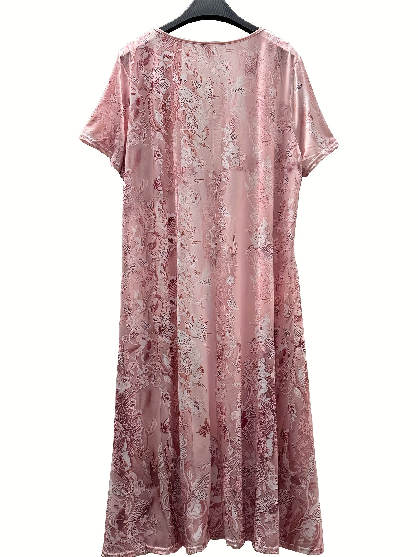 Plus Size Short Sleeve Midi Dress with Lace Neck And Flower Print
