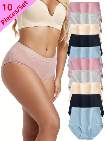 10pcs Women'S High-Waisted Tummy Control Panties, Breathable Comfortable Underwear, Simple Solid Color