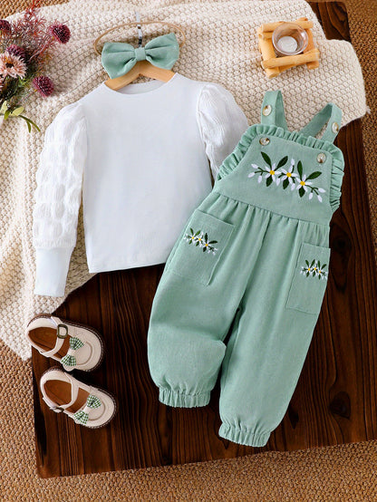 Floral Botanical Embroidered Rompers with Bubble Sleeve Long Sleeve Headband Set 3pcs Baby Girl Clothes Toddler Girls Spring Outfits Toddler Clothes, Perfect for Outdoor