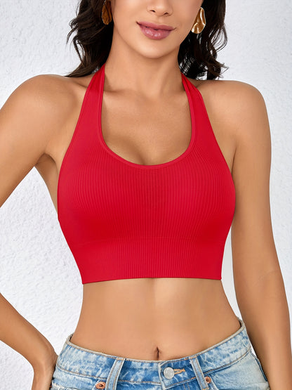 4pcs Neck Hanging Tank Top, Women's Breathable Ribbed Backless Underwear, Women's Sports Yoga Vest Top