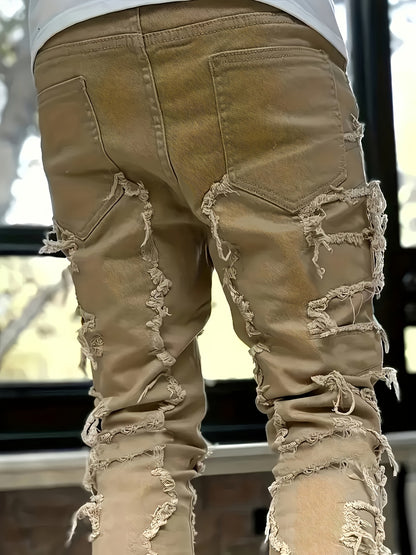 Men's Ripped Jeans Retro Street Style Spliced Slim Jeans Versatile Men Straight Denim Pants