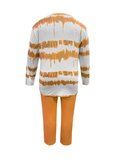 Plus Size - Plus-size Fashion Tie-dye Striped Print Long-sleeved Trousers Suit, Suitable For Going Out