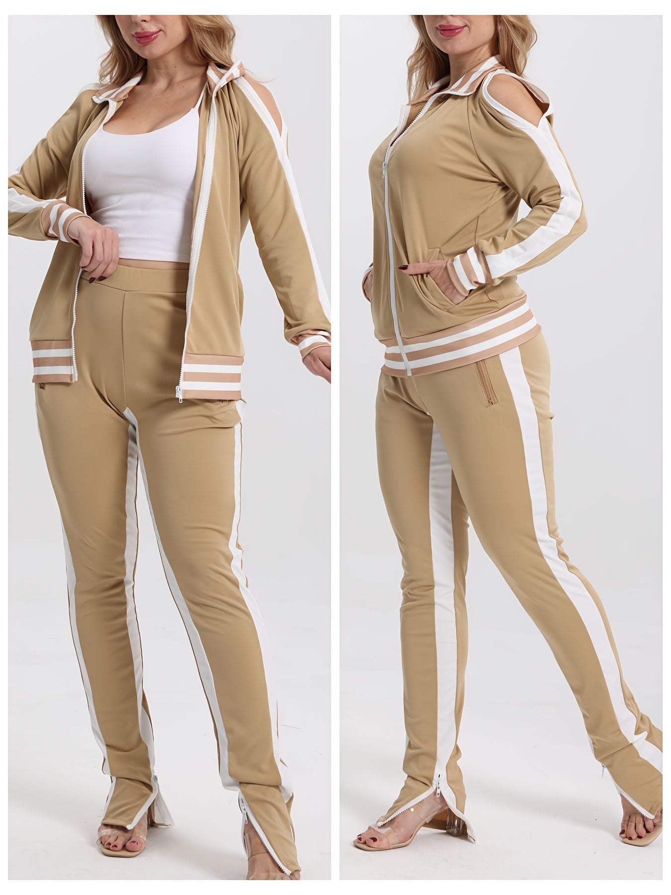 Women's 2pcs Athletic Tracksuit Set, Striped Contrast Shoulder Slit Top & Zipper Hem Sporty Pants, Activewear Lounge Set