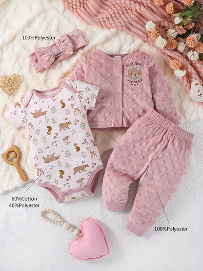 4pcs Autumn And Winter Baby Girl Triangular Jumpsuit, Cartoon Cute Bear Style Velvet Long-Sleeved Hair Tie Baby Girl Set Long Pants, for Outdoor