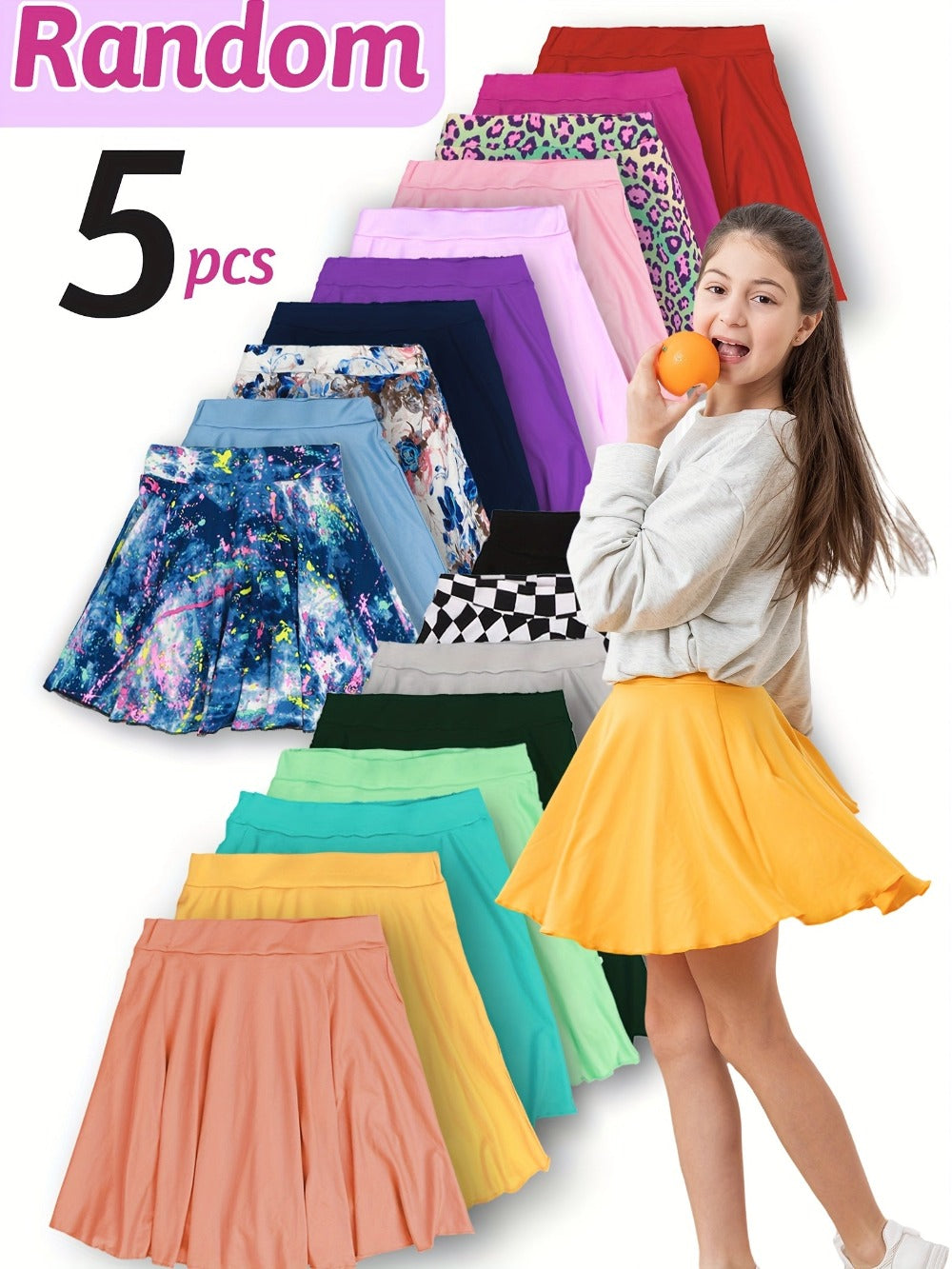 Girls' 5-Pack Stretch Casual Skorts - Elastic-Waist Assorted