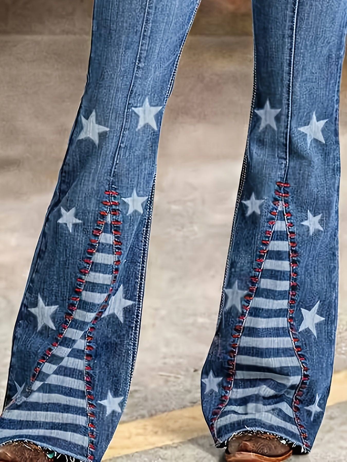 HME Women's Star Print Slim Fit Ankle Patchwork Stretch Flare Jeans, Belt Not Included