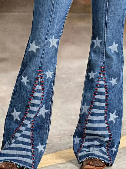 HME Women's Star Print Slim Fit Ankle Patchwork Stretch Flare Jeans, Belt Not Included