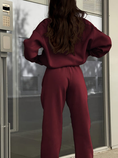 Two-piece Autumn and Winter New Fashion Zip-up Lapel Solid Color Casual Suit, SCACTO