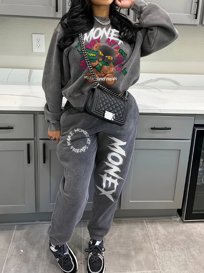 Women's Cozy Brown Sweatshirt & Jogger Set with "Money" Graphic - Casual Crew Neck, Long Sleeve, and Pants with Drawstring Waist - Perfect for Fall and Winter, Allseason Outfit|Playful Graphic Set|Comfortable Fit
