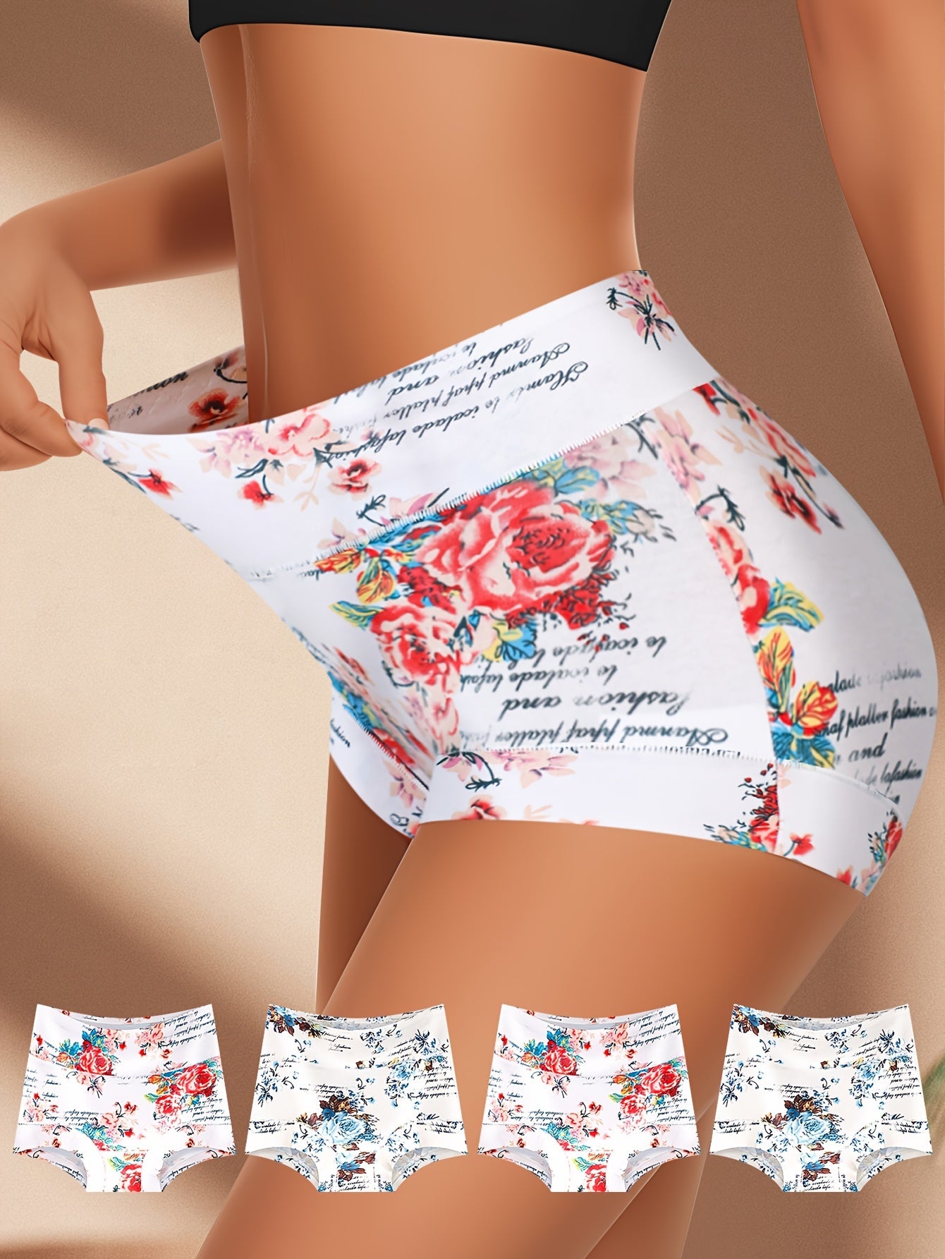 4pcs Comfy Floral Print Triangle Panties- Soft, Breathable, Stretchy, And Intimates for Women- Lingerie And Underwear Essentials for Everyday Comfort Elegant Design