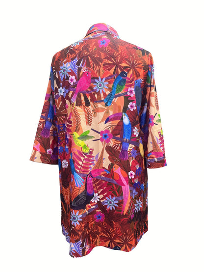 Plus Size Plant Print Button Front Loose Dress, Casual Collared Long Sleeve Dress For Spring & Fall, Women'S Plus Size Clothing