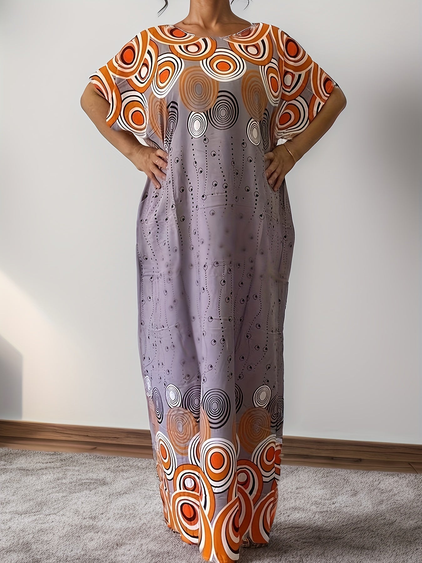 Geo Print Boat Neck Loose Dress, Elegant Batwing Sleeve Maxi Cover Up Dress, Women'S Clothing