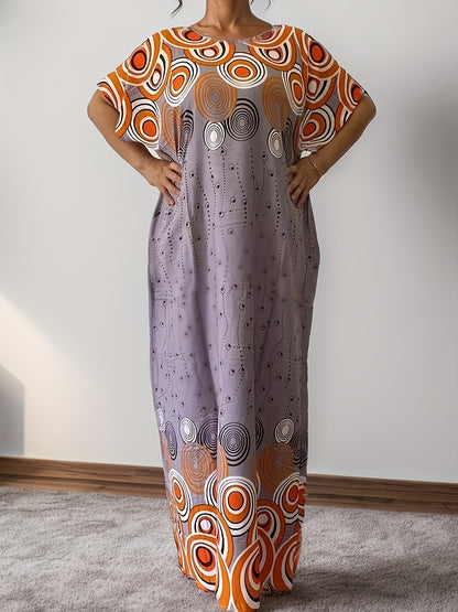 Geo Print Boat Neck Loose Dress, Elegant Batwing Sleeve Maxi Cover Up Dress, Women'S Clothing