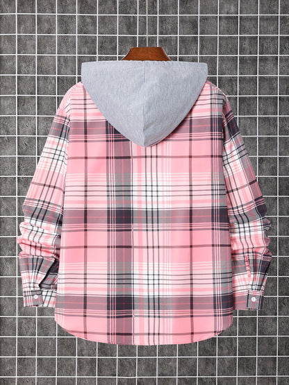 Men'S Plaid Hooded Button-Up Shirt - Long Sleeve Casual Shirt with Adjustable Drawstring Hood, Machine Washable, Spring/Fall Seasonal Transition, Earthy Tones (Brown/Beige/Red/Black/White), Autumn Wardrobe, Hooded Outerwear, No Stretch Fabric