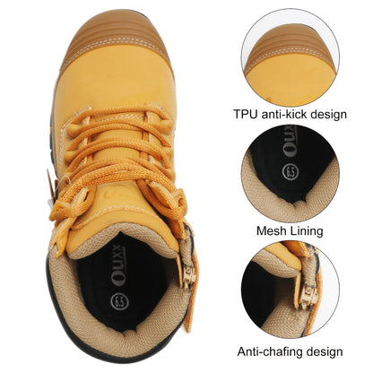 OUXX Work Boots for Men, Steel Toe YKK Zipper Non-Slip Rubber Faux Leather Shoes, Puncture-Proof