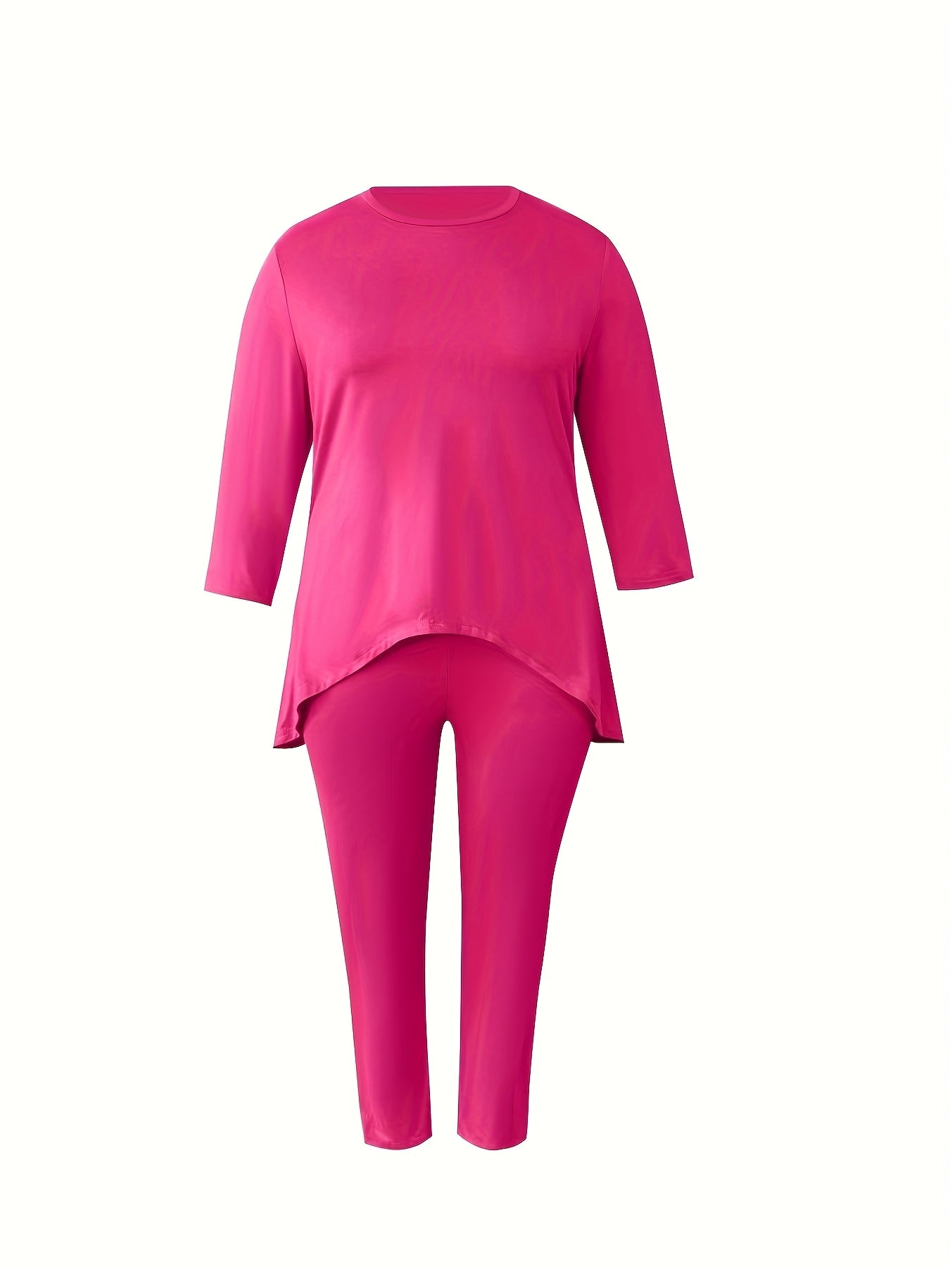 Plus Size - Plus Size Two-piece Set, Solid Color Round Neck 7-inch Sleeve Top And Pants Set, Women'S Two-piece Set