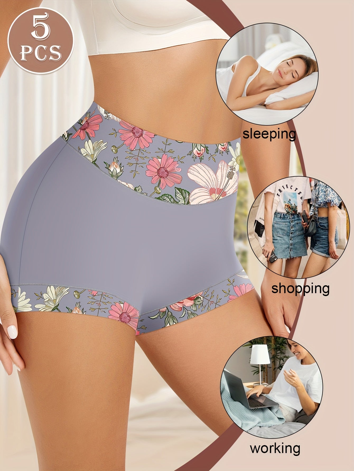 5pcs Women'S High Waist Briefs, Floral Print Design, Soft & Skin-Friendly Comfortable Daily Triangle Underwear
