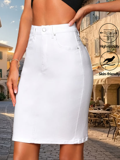 Women'S Stretch Denim Skirt - Bodycon High-Waisted Knee-Length with Multi-Stitch Detail And Back Slit, Elegant Casual to Dressy Versatile Style for Spring Summer Fall, Seasonal Fashion, Quality Craftsmanship, Fall Wardrobe, Fitted Construction
