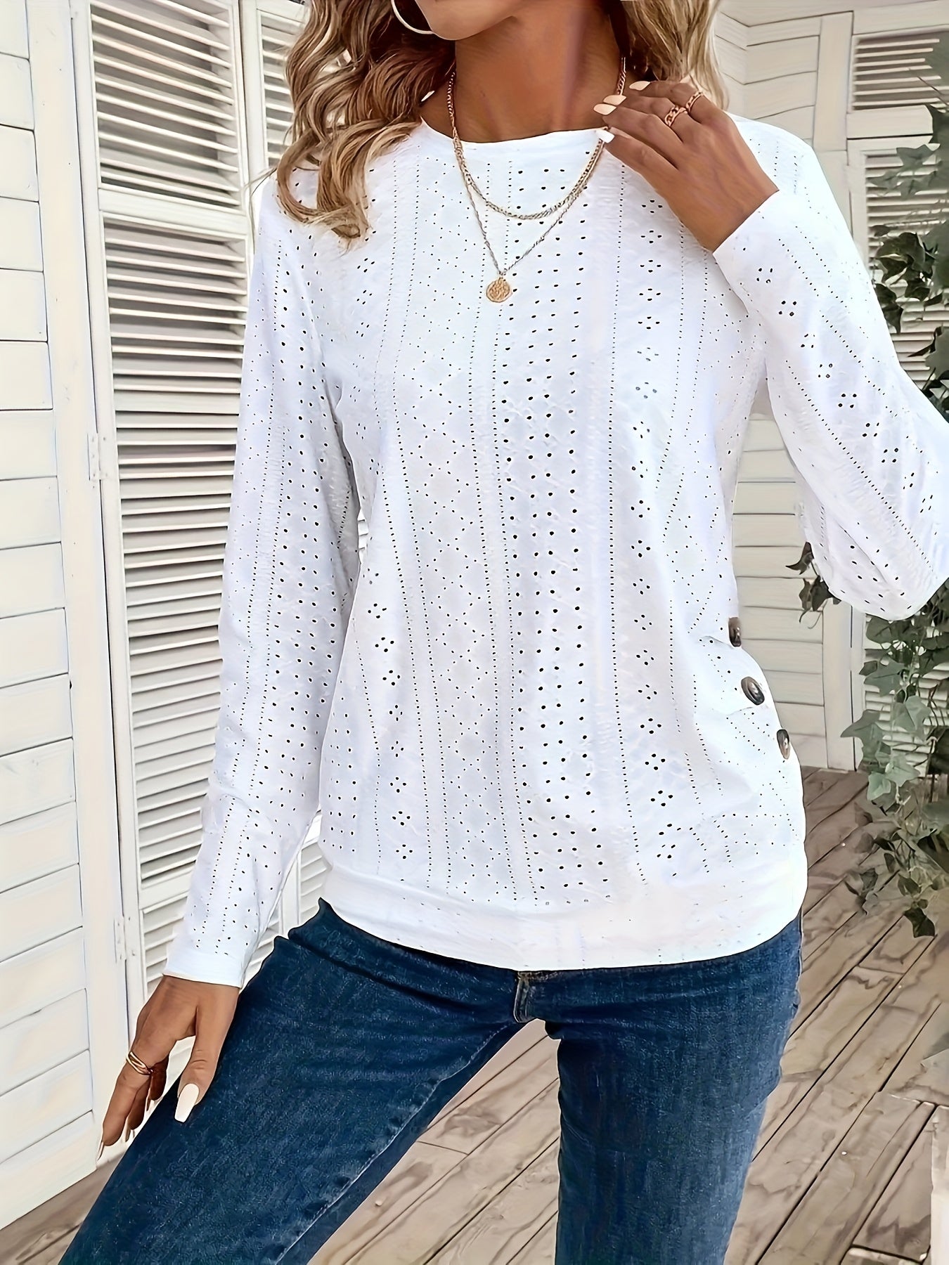 Women's Elegant Long Sleeve T-Shirt - Semi-Sheer Top with Decorative Hollow Buttons, Soft Everyday Blouse for Women, Office, Formal Events - Machine Washable All-Season Tops, Office Attire, Chic Design, Breathable Material, Versatile Topper, Casual Wear