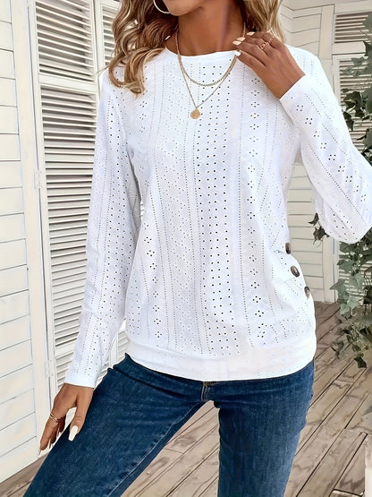 Women's Elegant Long Sleeve T-Shirt - Semi-Sheer Top with Decorative Hollow Buttons, Soft Everyday Blouse for Women, Office, Formal Events - Machine Washable All-Season Tops, Office Attire, Chic Design, Breathable Material, Versatile Topper, Casual Wear