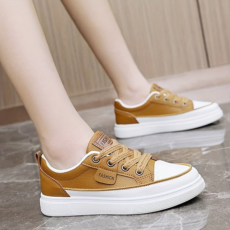 [Sneakers] Women'S Sports, Outdoor Trends, Fashion, Leisure, Thick Soled Lace-Up Low Top Shoes, Comfortable And Versatile for All Seasons, Board Shoes with faux leather Surface, College Style Women'S Shoes Suitable for Walking, Lightweight Shoes
