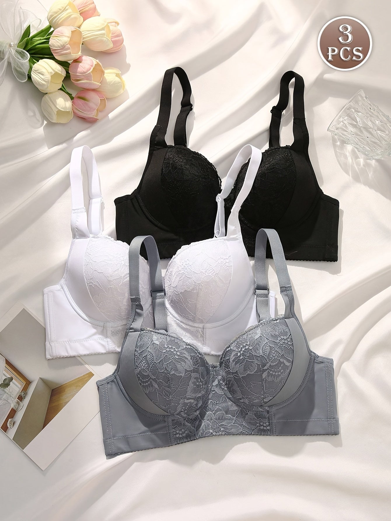 3pcs Lace Lingerie Women'S Comfortable Bra With Steel Band