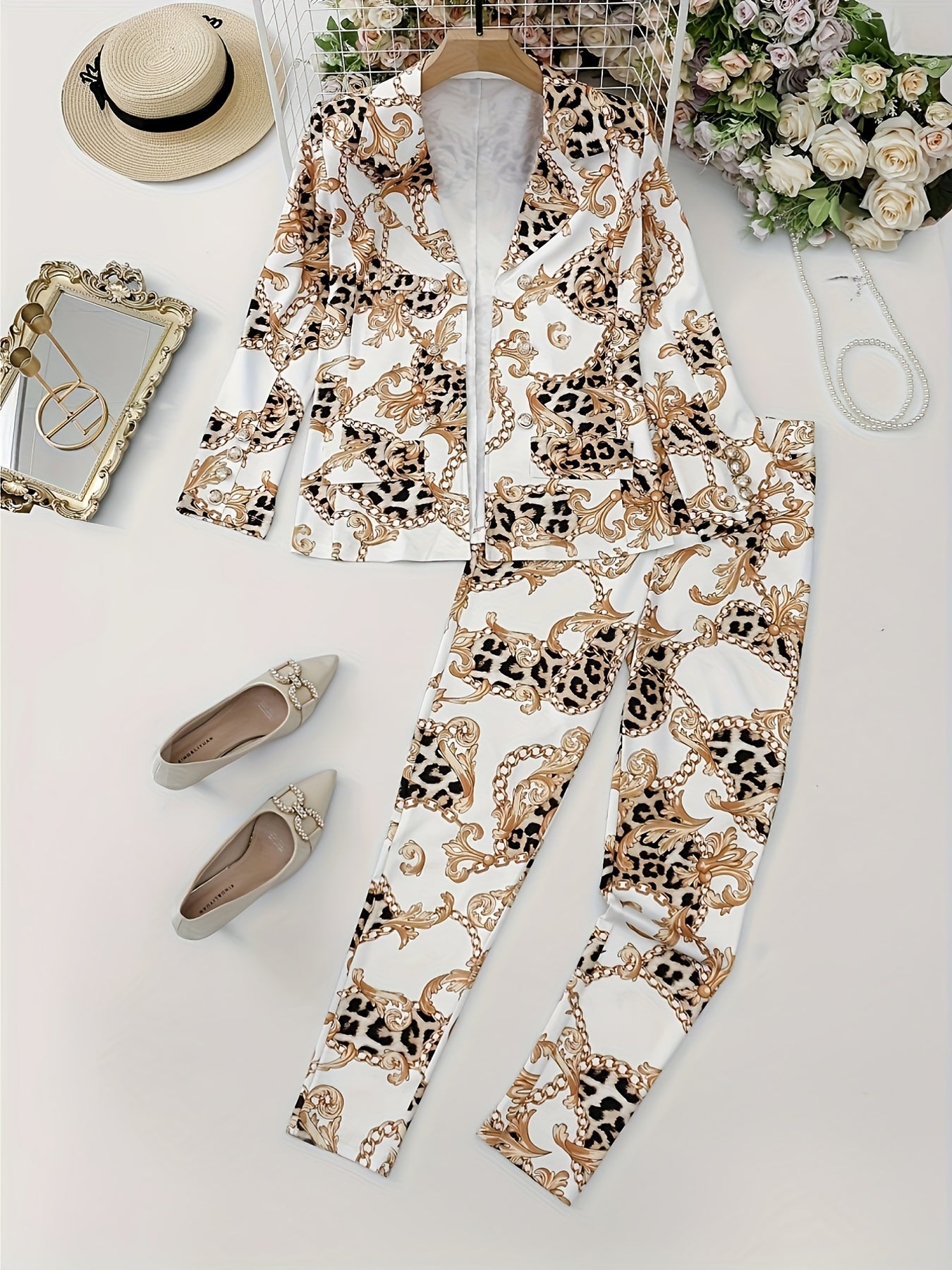 Two-Piece Lapel Blazer Set - Geometric Print, Micro Elastic, Fake Buttons, Casual Fabric Outfit for Spring/Fall - Polyester Womens Clothing