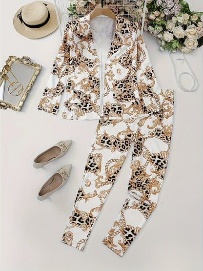 Two-Piece Lapel Blazer Set - Geometric Print, Micro Elastic, Fake Buttons, Casual Fabric Outfit for Spring/Fall - Polyester Womens Clothing
