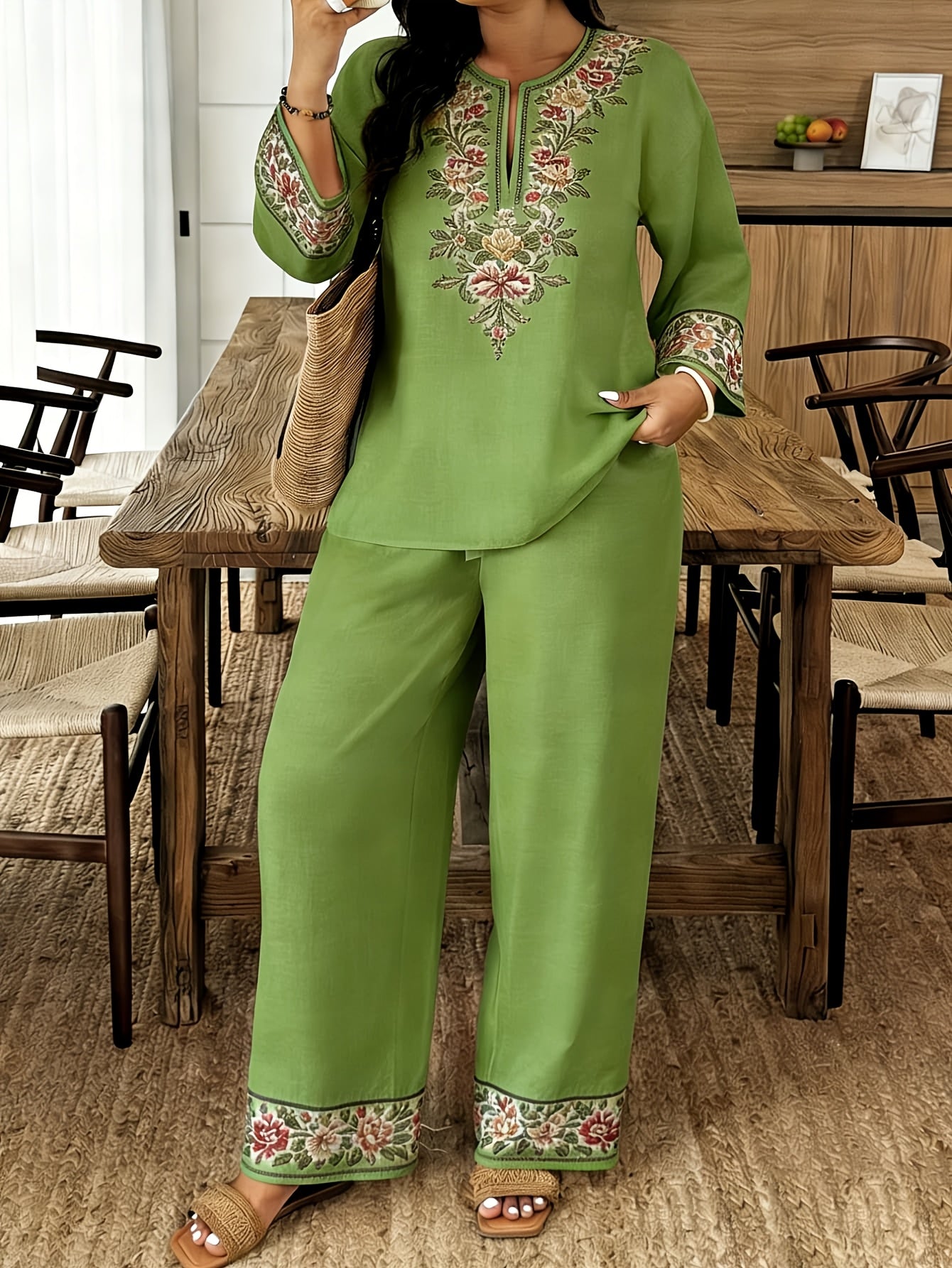 Women's Standard Size Long-sleeve and Long-pants 2pcs Set, Spring/summer New V-neck Buttoned Three-quarter Sleeve Shirt with Printed Elastic Waistband Long Pants, 2pcs Set, Digital Print, Machine Washable, Fabric